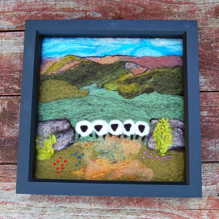 Five sheep stonewall wool painting.  Needlefelt picture with hand embroidery