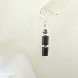 Hematite 6 Sided Tubes, Sparkly Crystals & Sterling Silver Drop Earrings