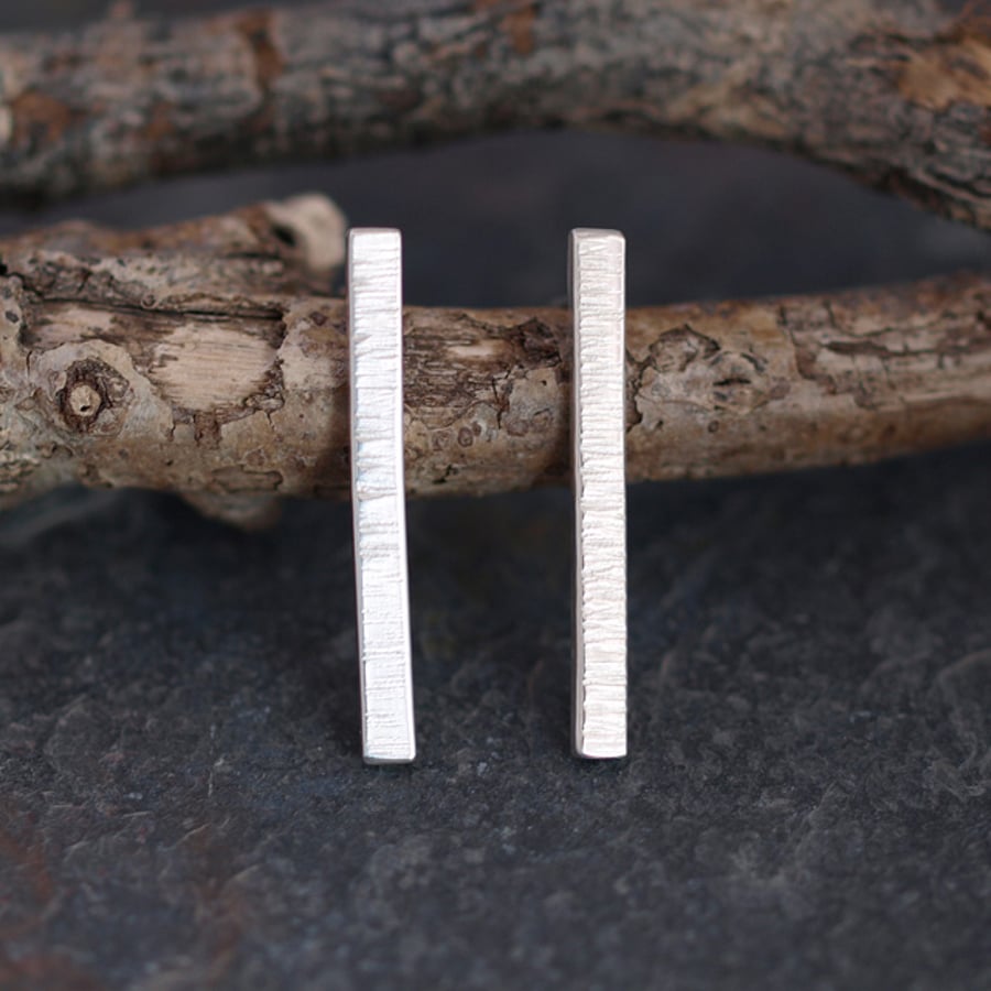 Silver Bar Earrings, Line Textured Studs, Sterling Silver Vertical Bars