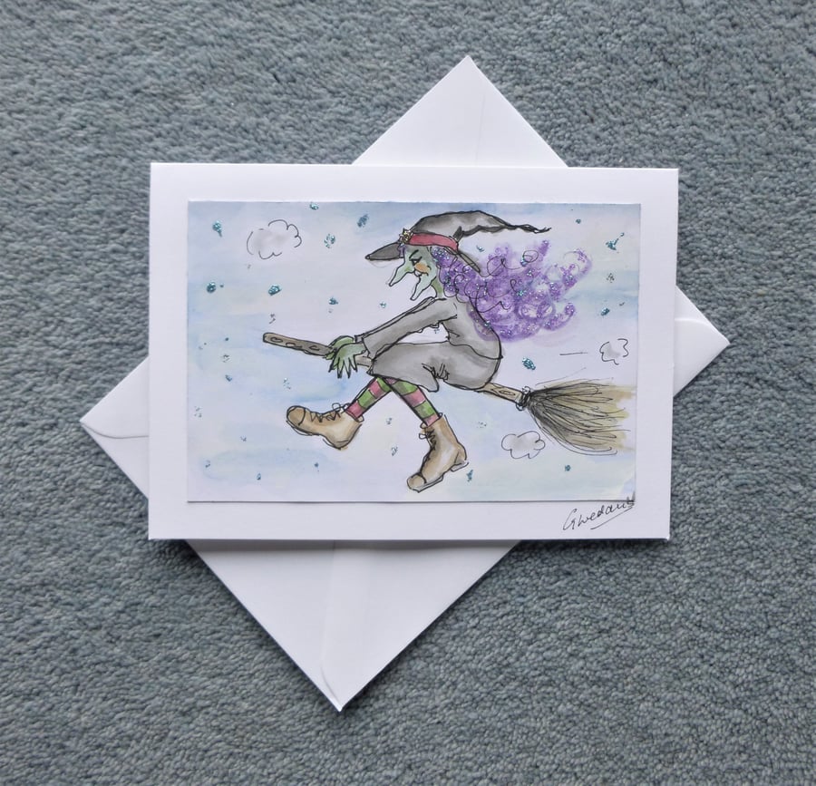 hand painted cartoon witch card ( ref F 301 )