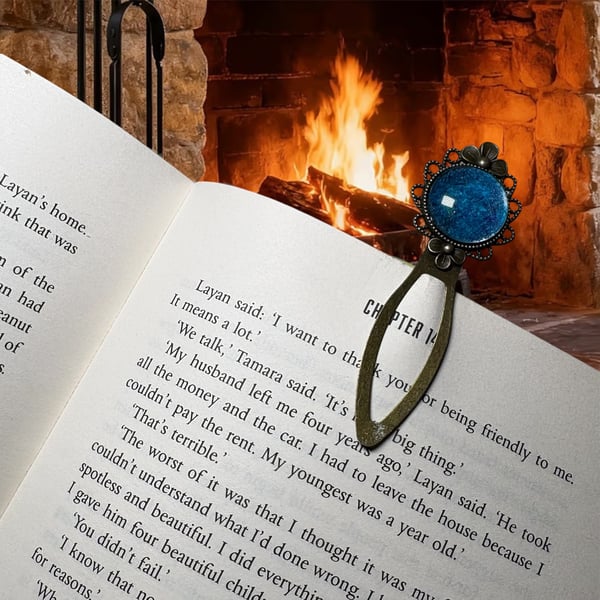 Antique bronze bookmark featuring Turquoise wool and silk felt