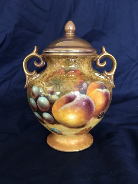 Worcester Fruit . Handpainted bone china lidded vase by Christopher Hughes 