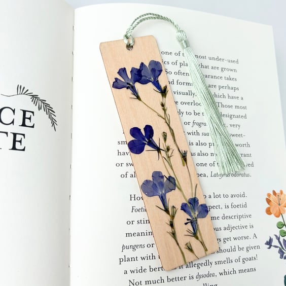 Pressed Flower Wooden Bookmark, Lobelia