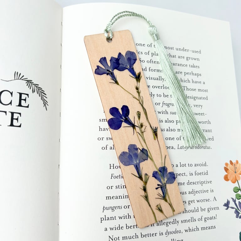 Pressed Flower Wooden Bookmark, Lobelia