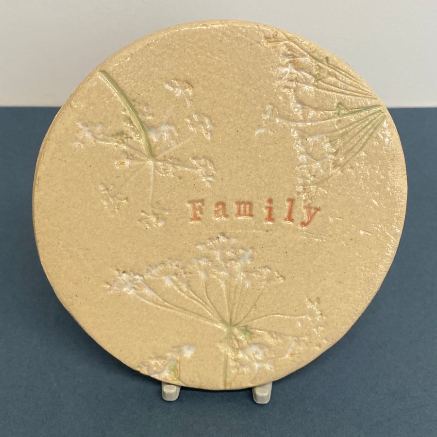 Family handmade ceramic tile coaster pink, decorative gift, boxed, ready to post