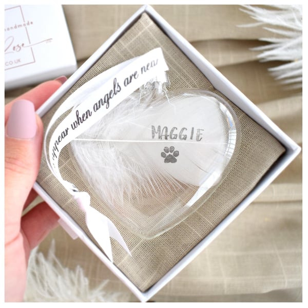 Personalised White Feather Gift Boxed Heart Bauble. Glass Hanging Decoration. Ha