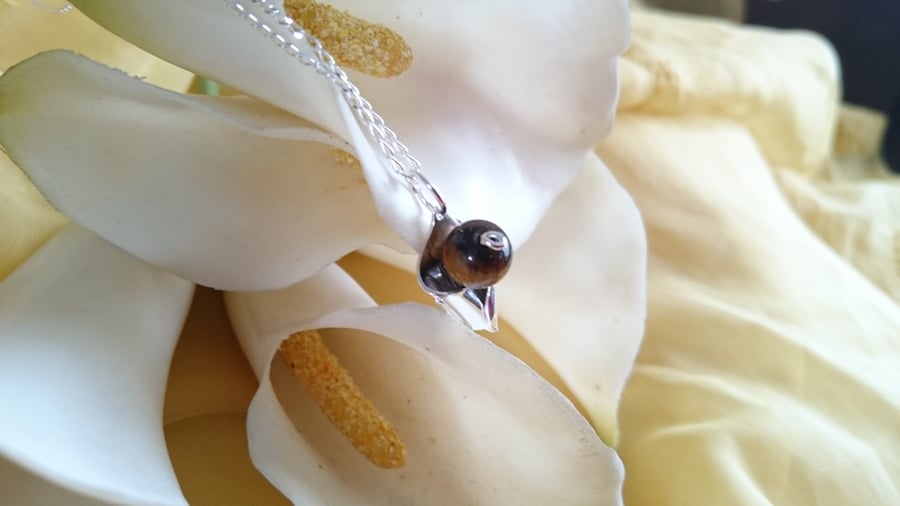 3d calla lily with tigers eye sterling silver necklace