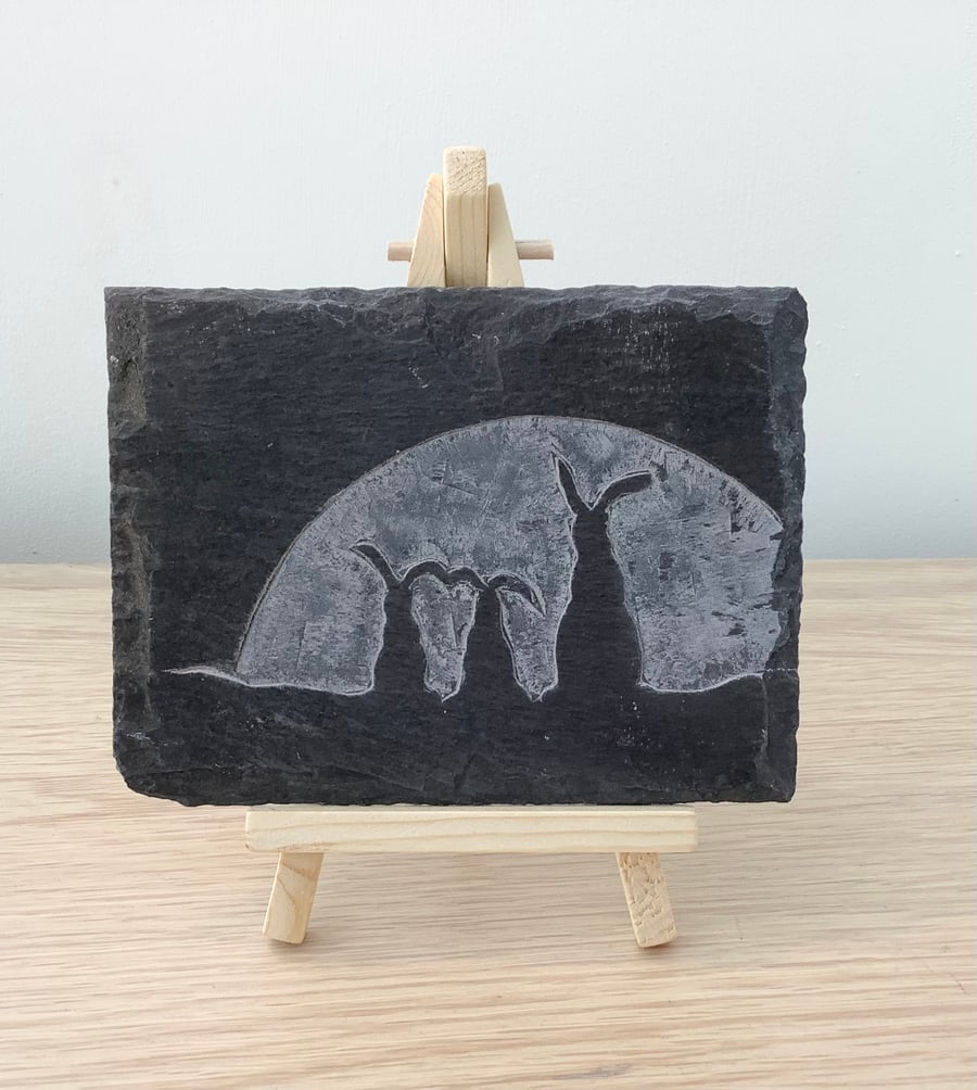 A Hare family in moonlight - original art hand carved on recycled slate