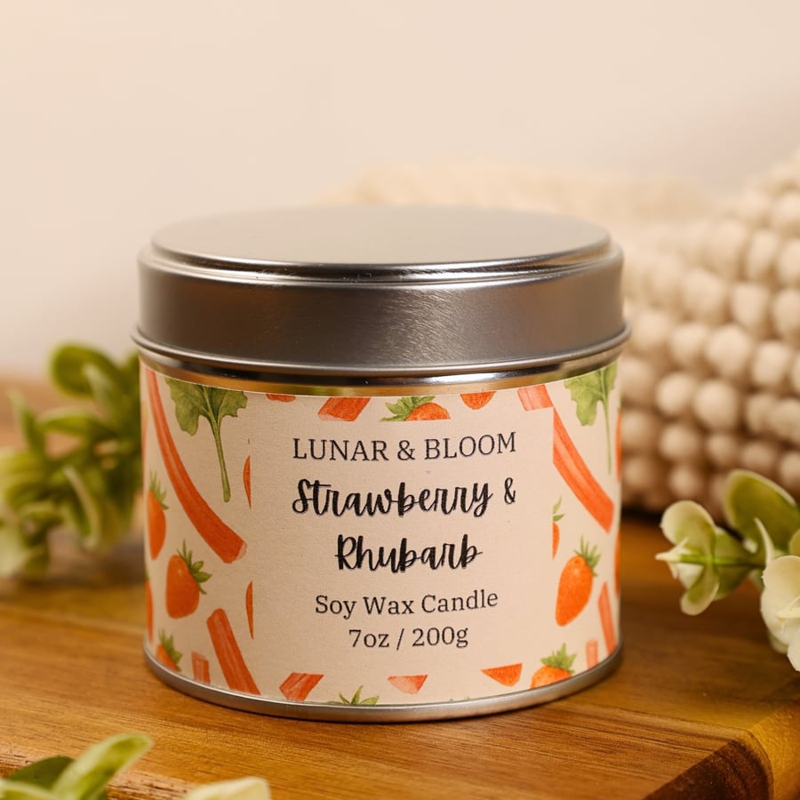 Strawberry and Rhubarb Soy Candle, Sweet Fruity Scent, Summer Candle, 200g