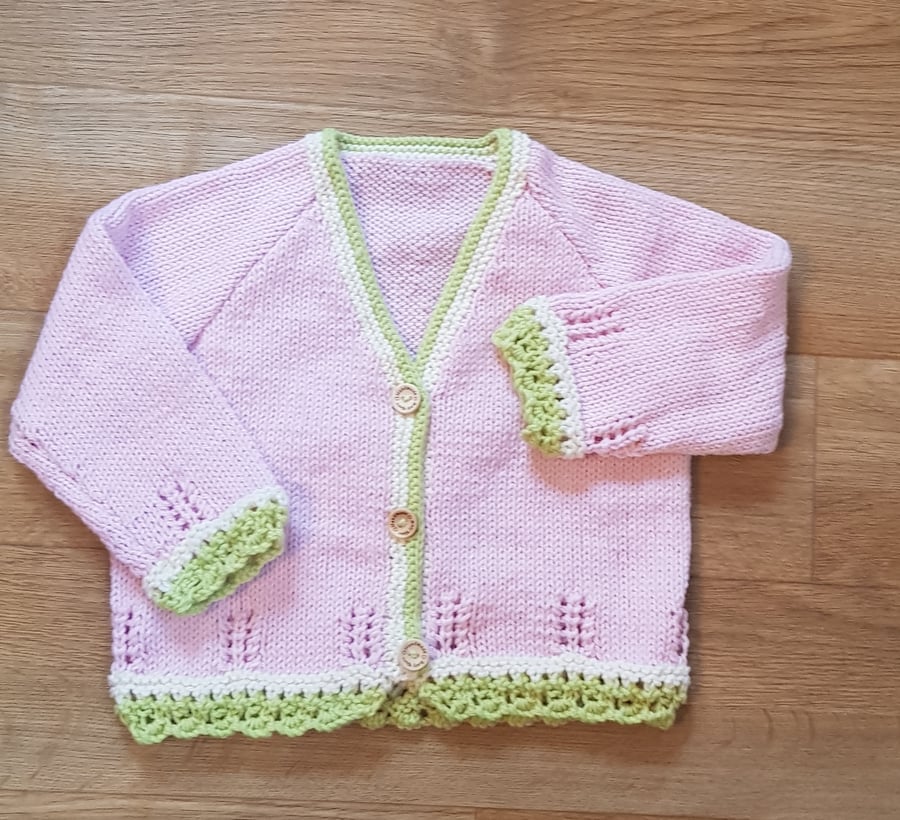 Hand Knitted Pink Cardigan with lace edging 1-2 years