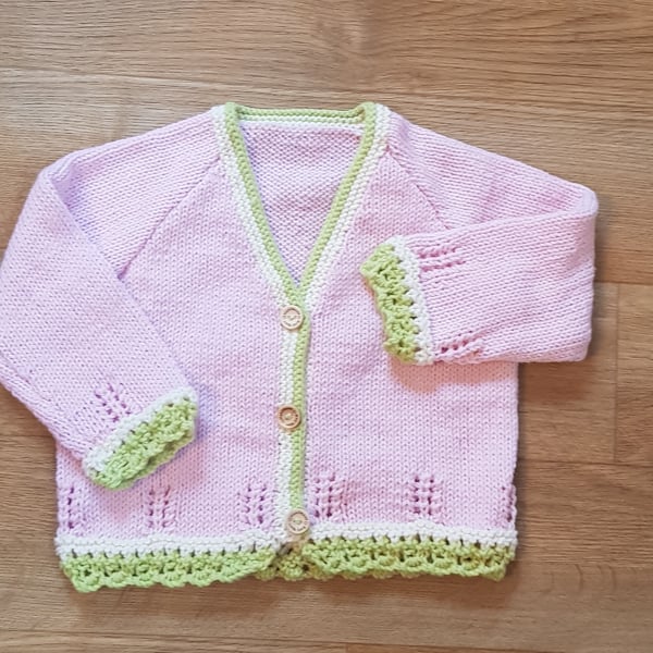 Hand Knitted Pink Cardigan with lace edging 1-2 years