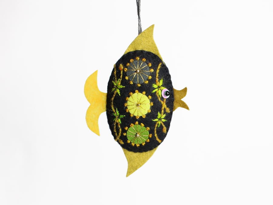 Angel fish - a blue felt hand embroidered hanging ornament or lavender bag