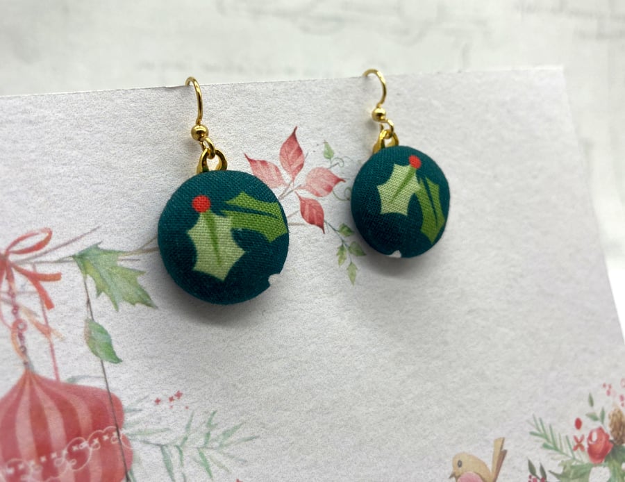Holly berry sprig fabric button dangle earrings festive gifts for her nature