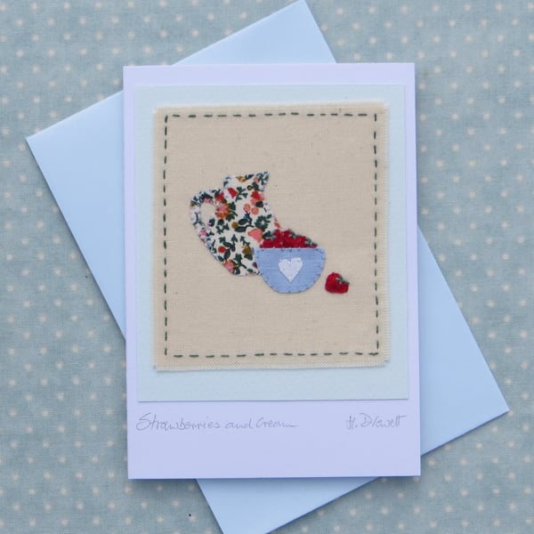 Strawberries & Cream! Handstitched miniature on card perfect for summer Birthday
