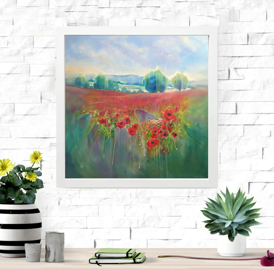Beautiful England is a framed canvas print with poppies and pheasants