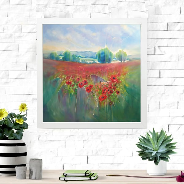 Beautiful England is a framed canvas print with poppies and pheasants