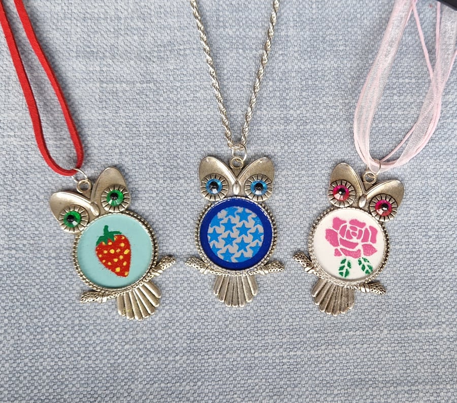 Enamelled Owl Necklaces. Gift boxed. Strawberry. Rose. Stars 
