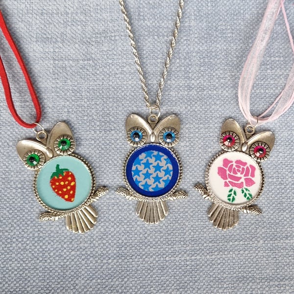 Enamelled Owl Necklaces. Gift boxed. Strawberry. Rose. Stars 