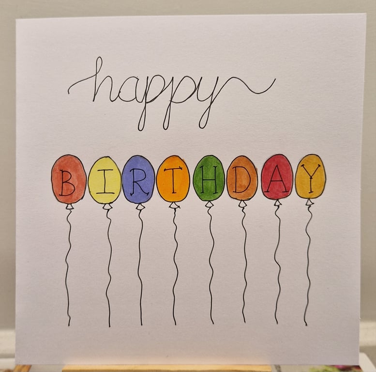 Colourful balloons Happy Birthday wishes handmade card watercolours 