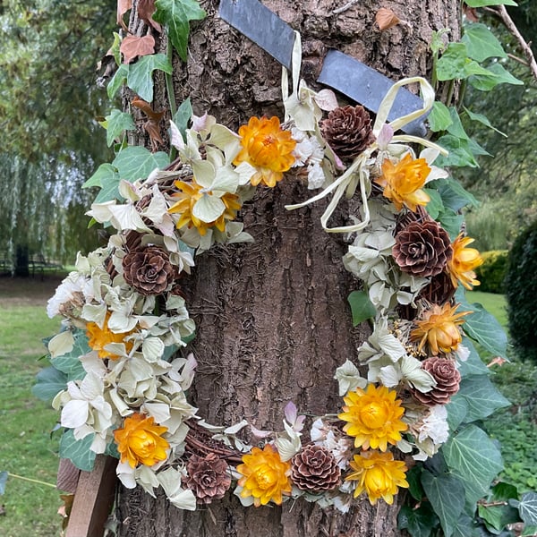 Dried Flower wreath - yellow and brown Woodland vibes for home decor