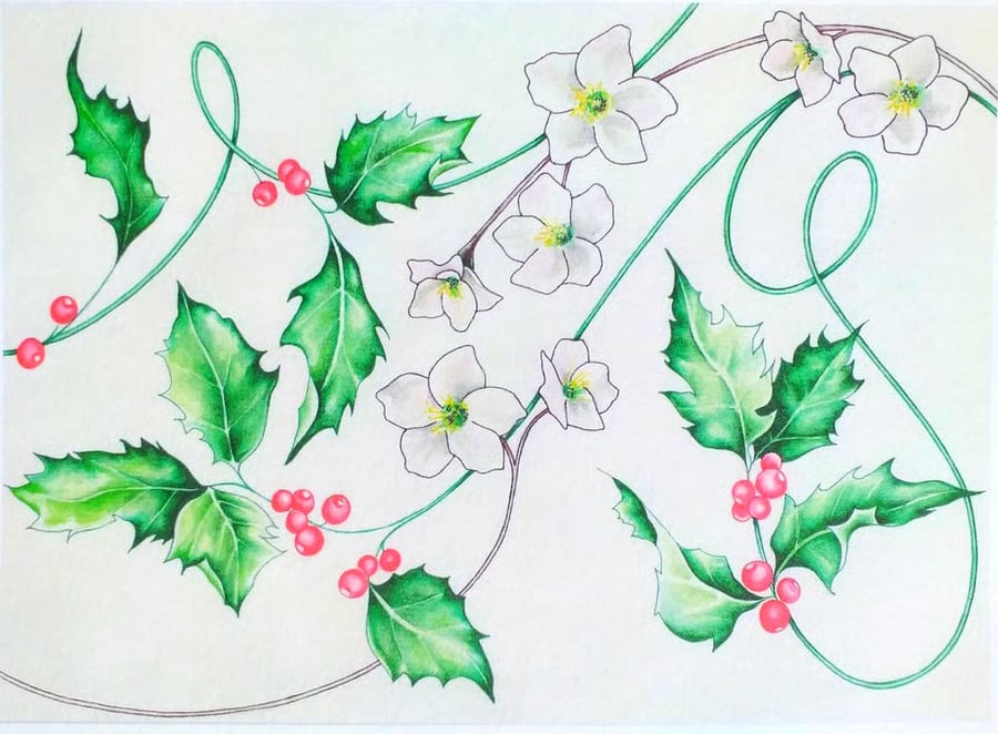"Winter Holly & Christmas Roses" A5 Art Print