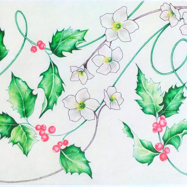 "Winter Holly & Christmas Roses" A5 Art Print