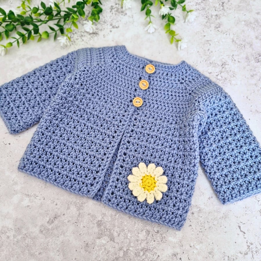 Handmade Daisy Cardigan 3-6 Months in Blue – Ready to Ship Baby Gift