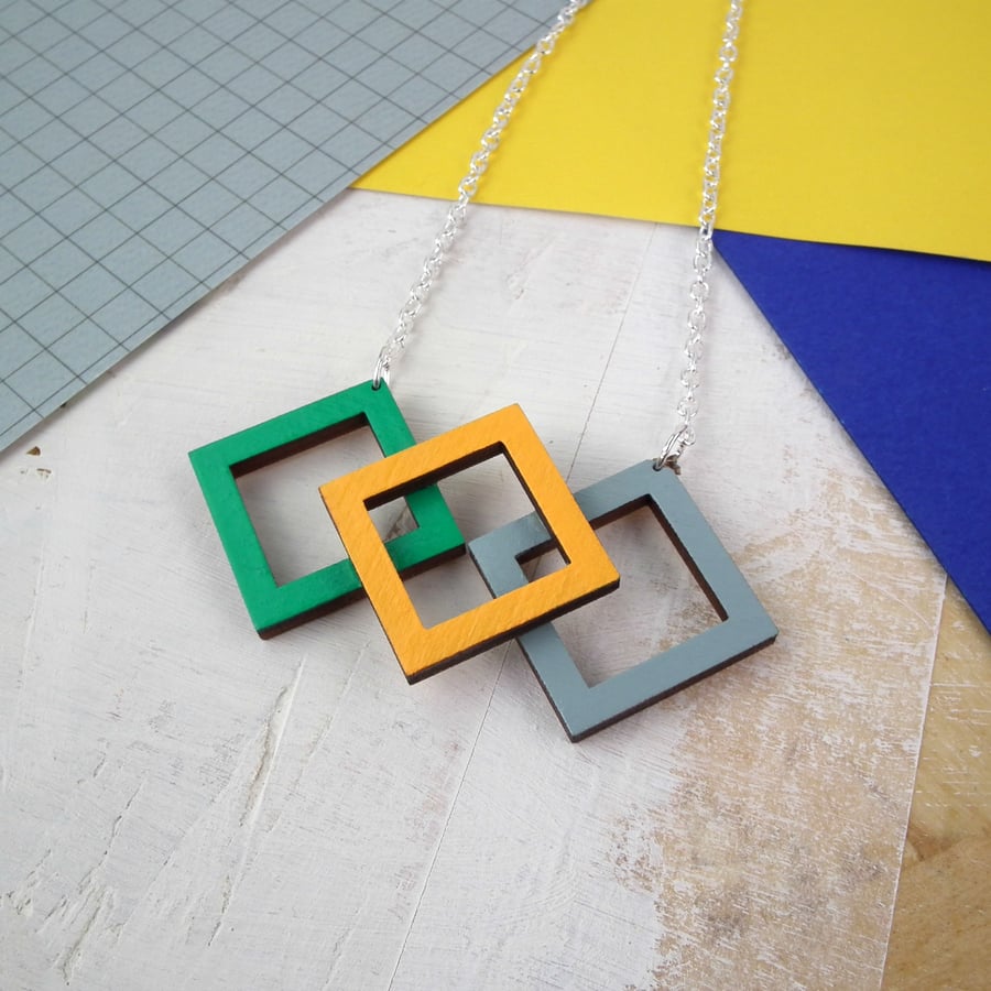 Geometric Cubic Square 3D Wooden Necklace