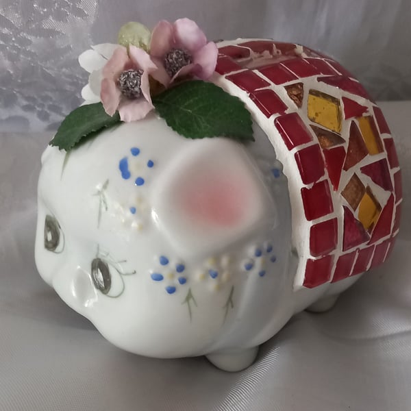 PIG in Blanket. Mosaicked money box, Piggy Bank. Collectable and fun.