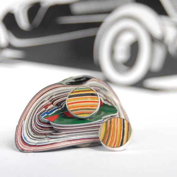 Silver and fordite round stud earrings