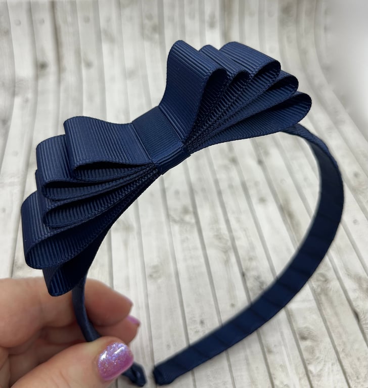 Navy Hairband with 5 inch 5 Layered Straight Bow