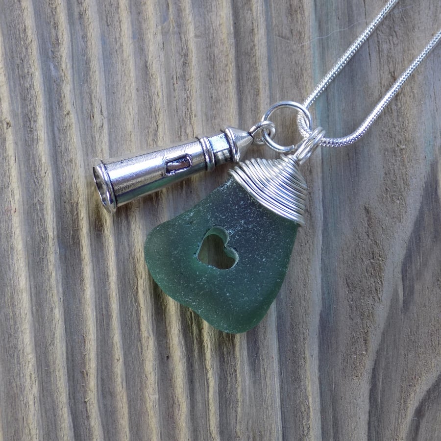 Natural sea glass drilled heart ,wire wrapped pendant 