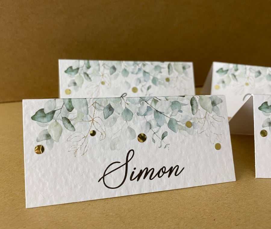 6 x table place CARDS gold EUCALYPTUS greenery  personalised name Wedding decor