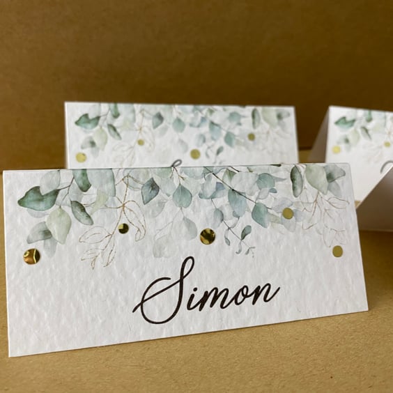 6 x table place CARDS gold EUCALYPTUS greenery  personalised name Wedding decor