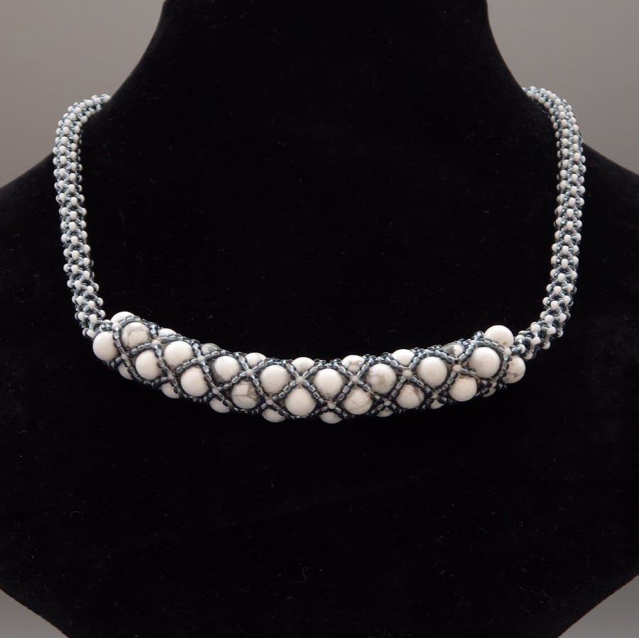 Beadwoven netted white howlite necklace