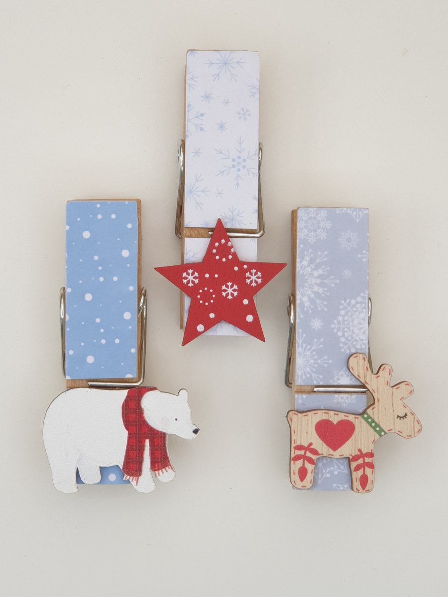 Stocking filler Christmas large magnetic pegs, polar bear, reindeer, star