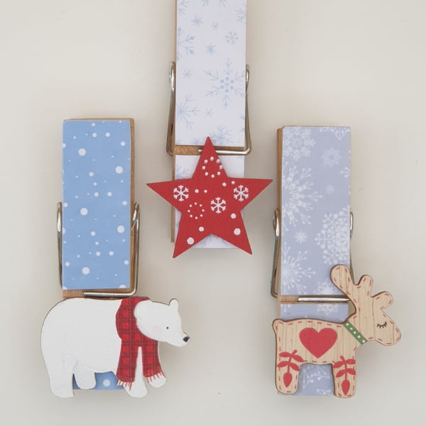 Stocking filler Christmas large magnetic pegs, polar bear, reindeer, star