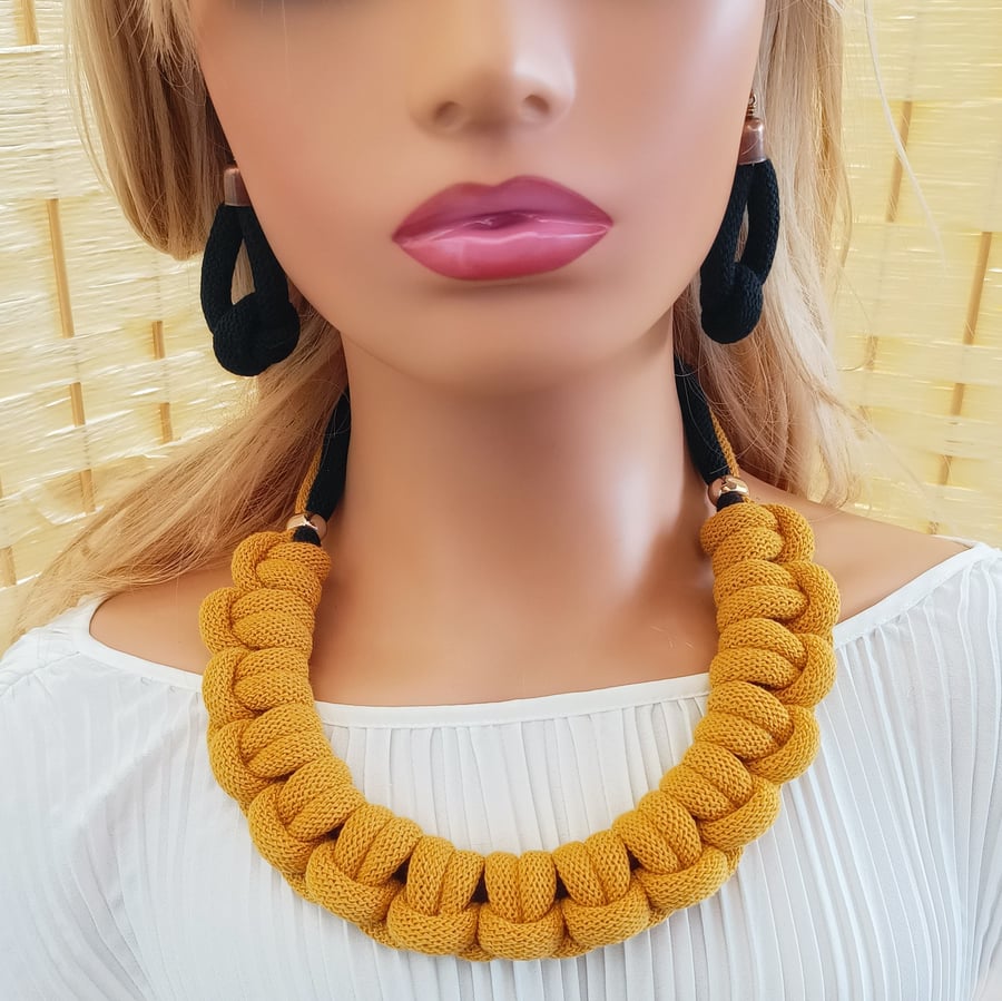Rope Necklace & Earrings Set, mustard and black 