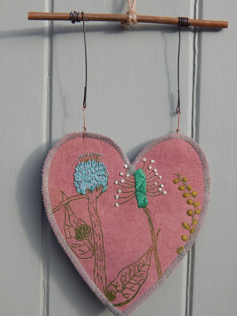 Naturally dyed - Embroidered Hanging Heart on willow
