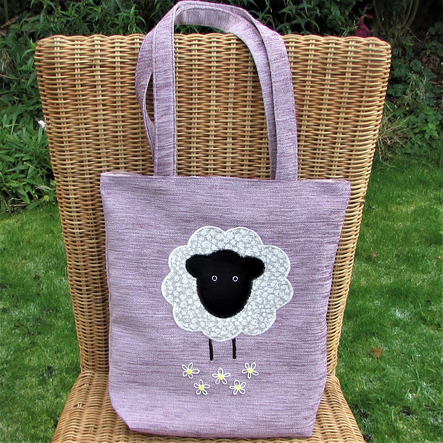 Sheep bag, Sheep tote bag in lilac with applique sheep