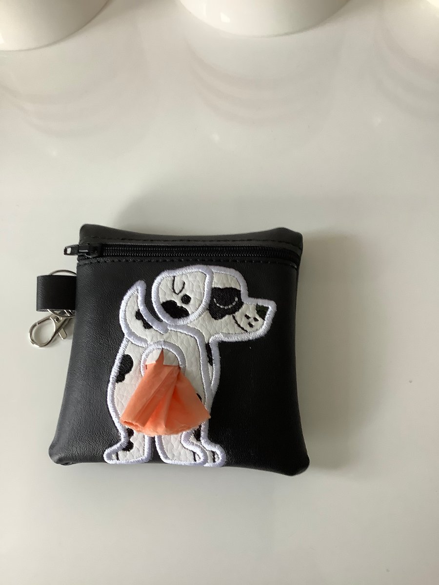 Attractive Dalmation   Embroidered Black faux leather dog poo bag ,dog walking,