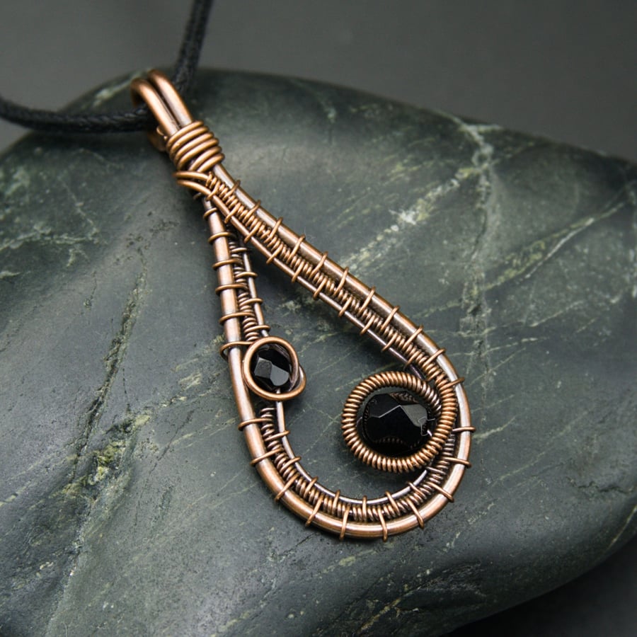 Copper Wire Weave Drop Pendant with Black Beads