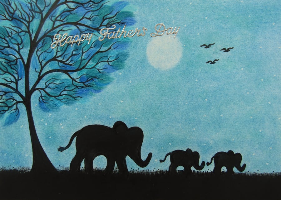 Fathers Day Card, Elephants Moon Tree, Happy Fathers Day Art Card, Baby Elephant