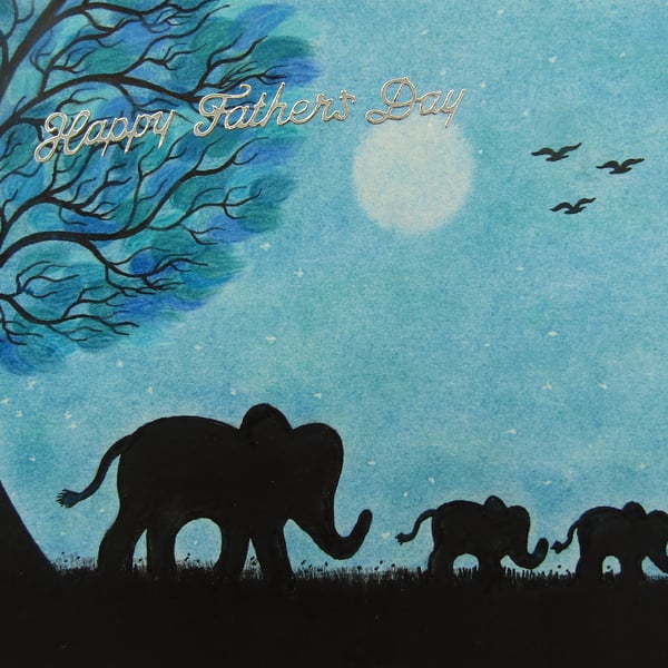 Fathers Day Card, Elephants Moon Tree, Happy Fathers Day Art Card, Baby Elephant