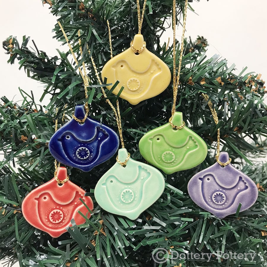 Set of six teeny ceramic bauble tags bird design