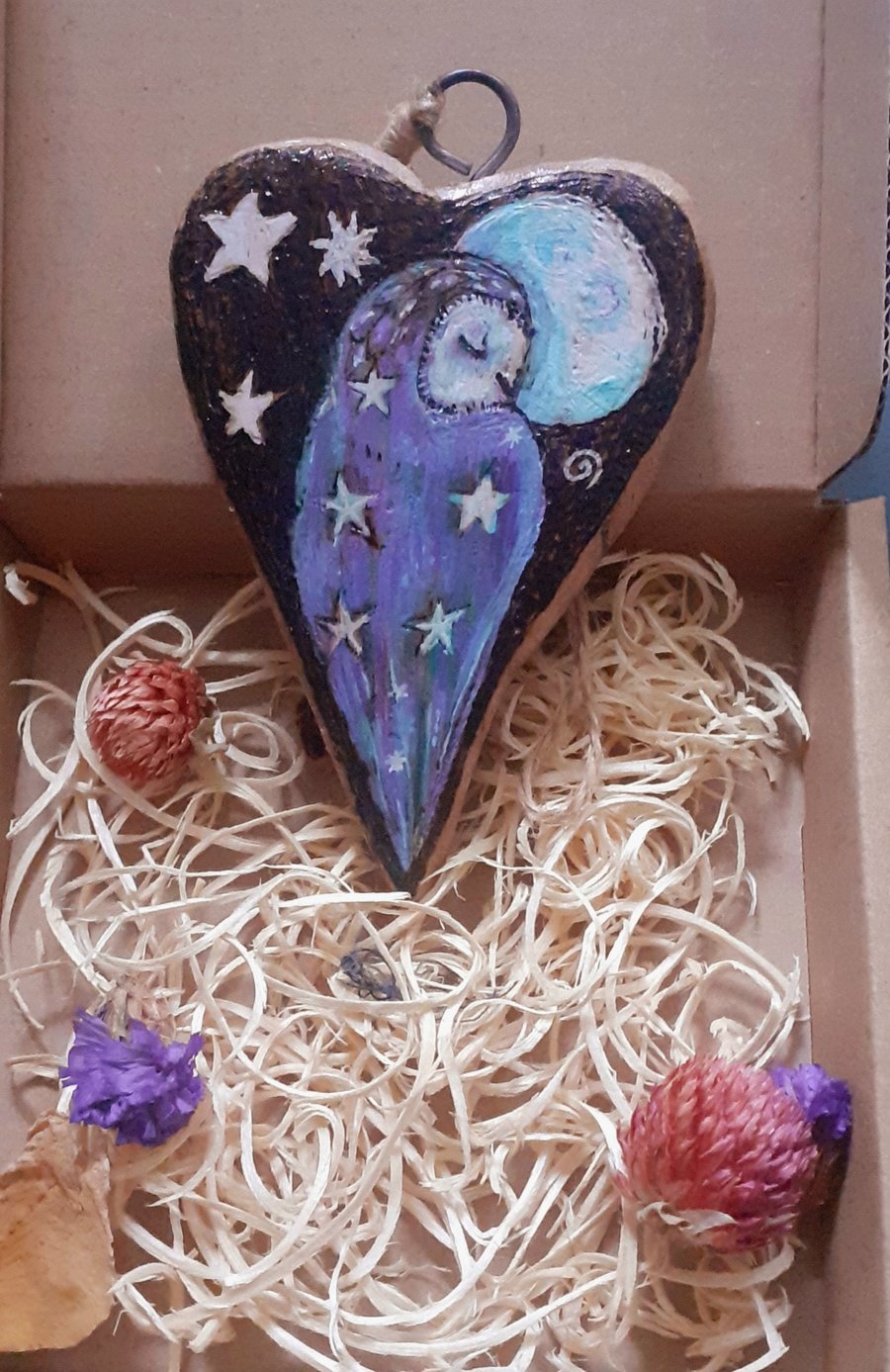 Wooden hanging  decorative heart barn owl and stars