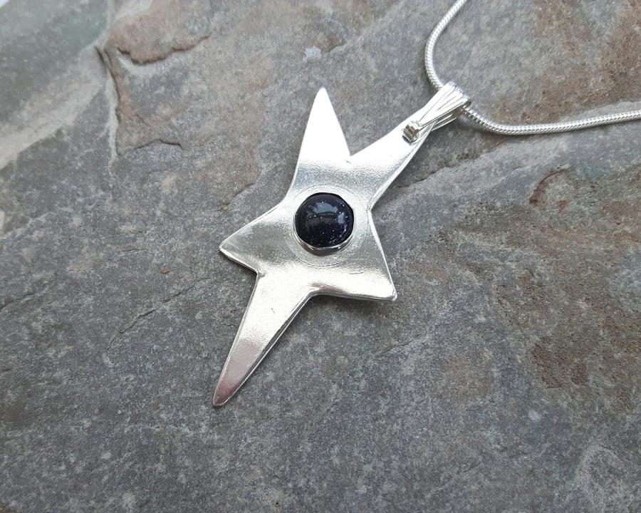 Silver Pendant, Star and Night Sky, with Blue Goldstone 
