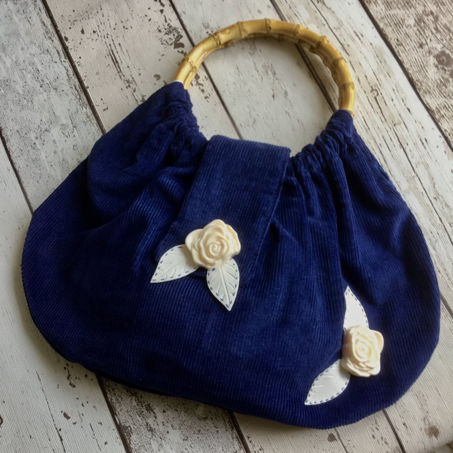 Faux Bamboo Handled Blue Needlecord Handbag FREE P&P