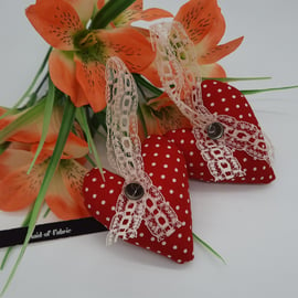 Hanging hearts pair in red polkadot, cream lace and silver bells