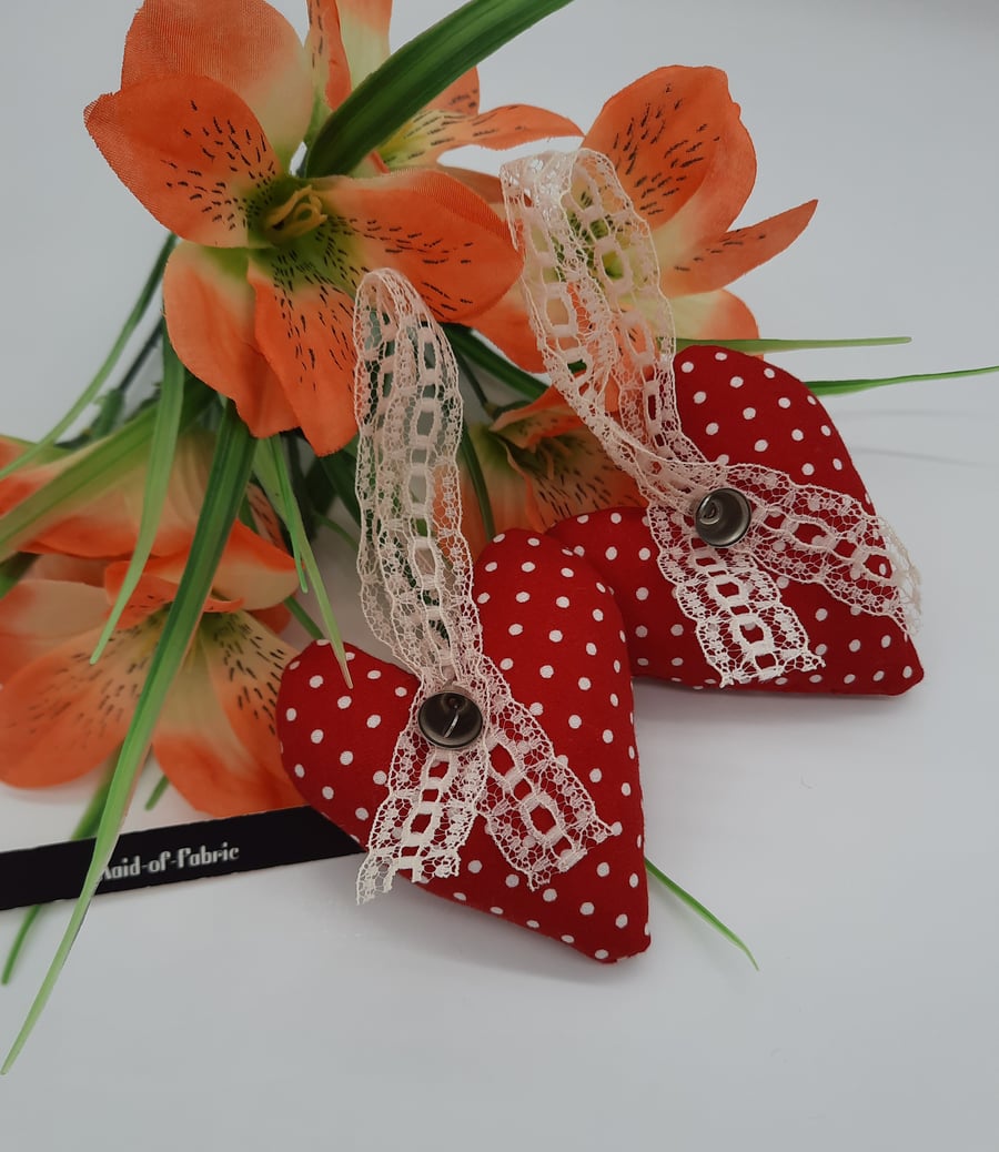 Hanging hearts pair in red polkadot, cream lace and silver bells